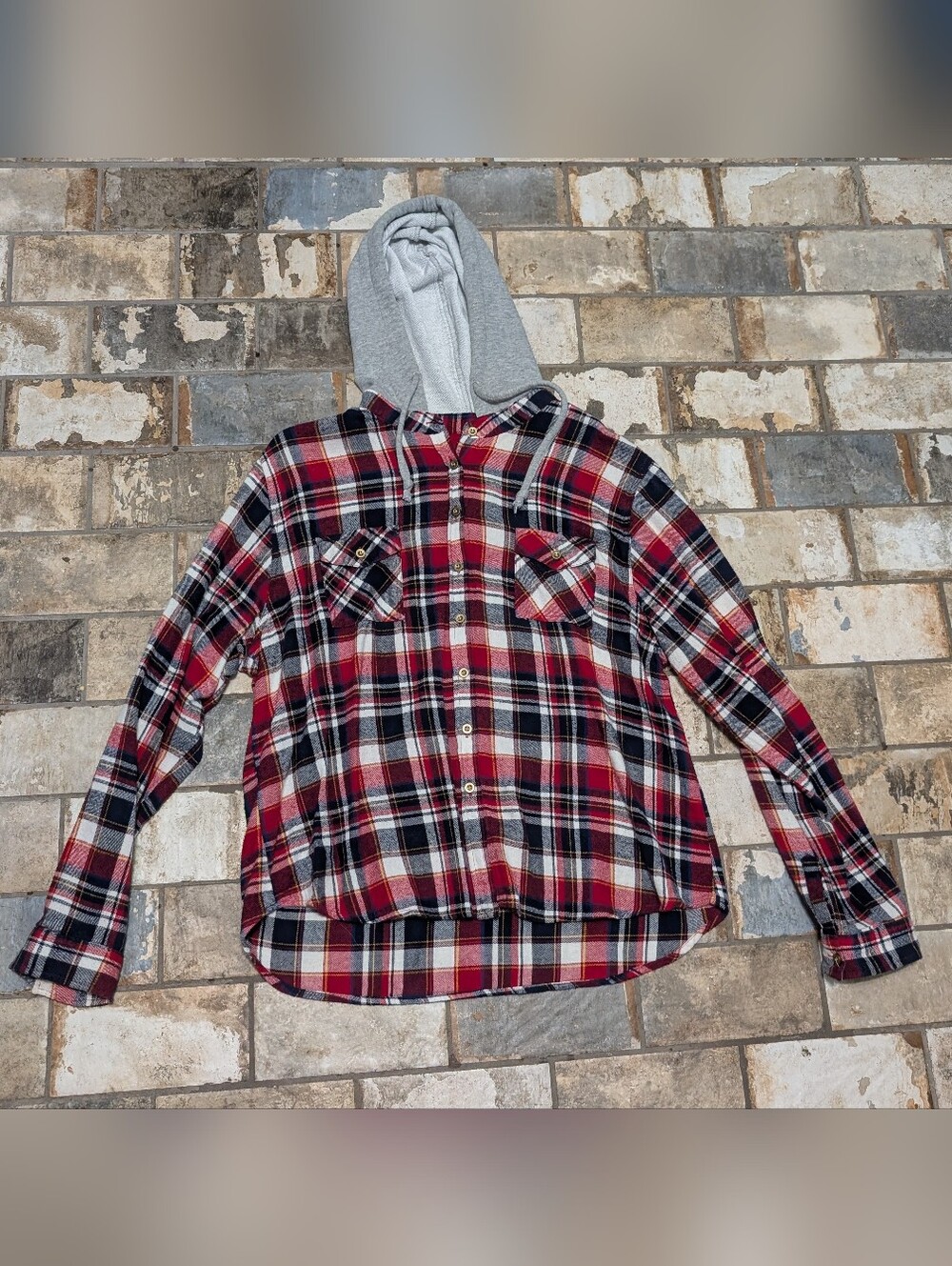 Passport Red & Navy Blue Plaid Hooded Button Up Shirt - Juniors Size XL